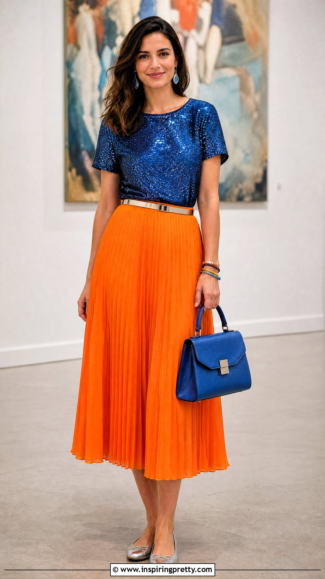 Blue Sequin T Shirt And Orange Midi Skirt Outfit - 20 blue top orange skirt 1989 outfit ideas
