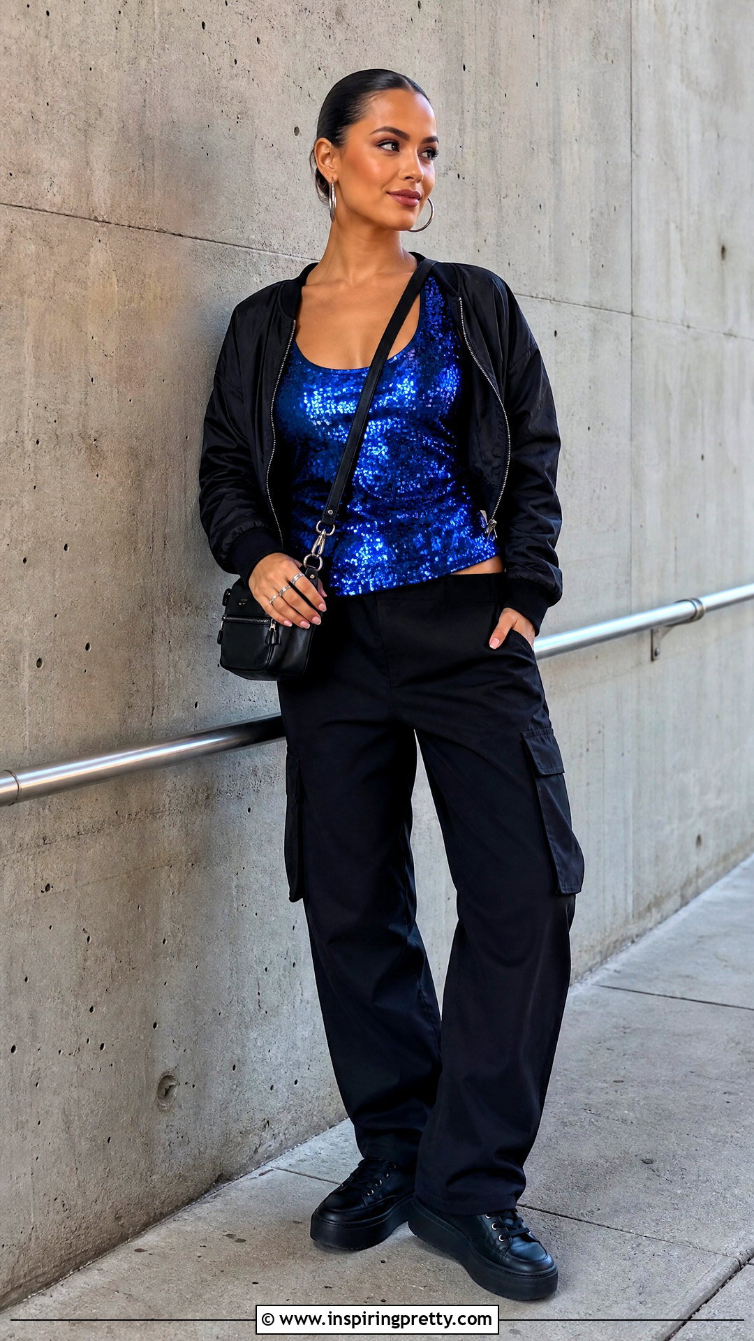 Blue Sequin Tank Top With Black Cargo Pants - 25 blue sequin tank top outfit ideas
