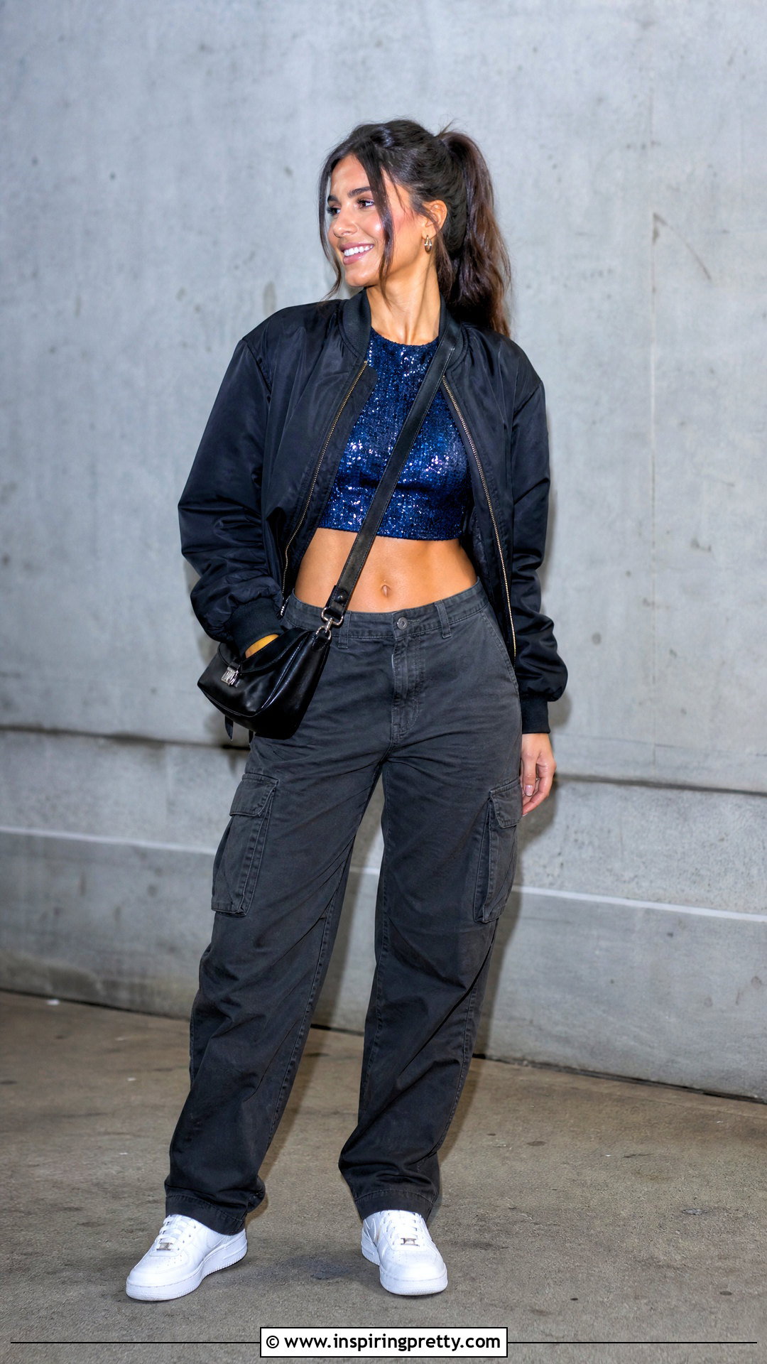 Blue Sequin Top With Cargo Pants And Sneakers - what to wear with blue sequin top (20 ways)