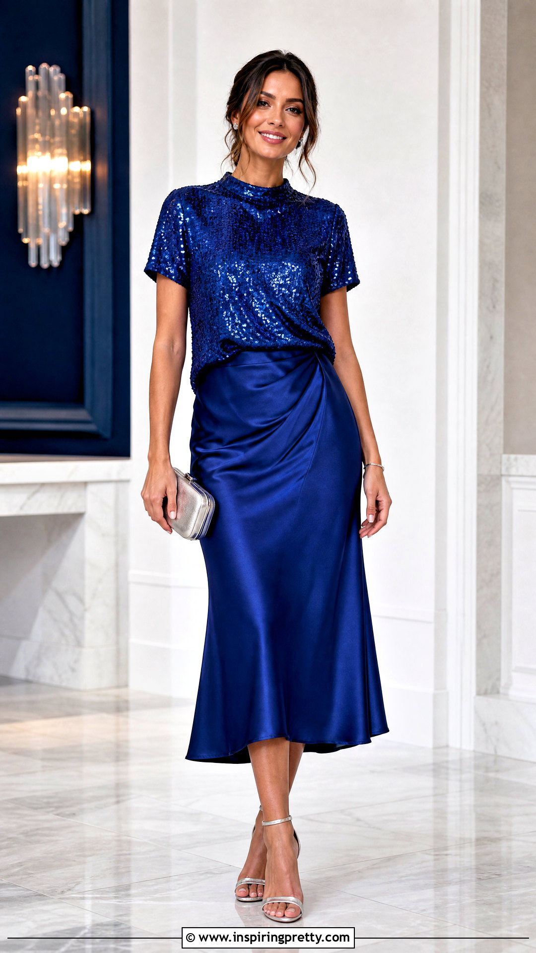 Blue Sequin Top With Matching Blue Skirt And Heels - what to wear with blue sequin top (20 ways)