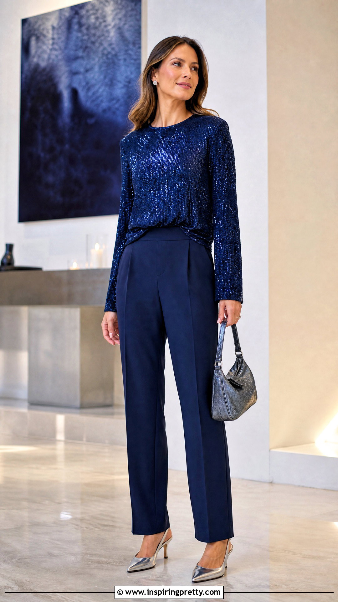 Blue Sequin Top With Navy Pants - 50 fancy tops outfit ideas
