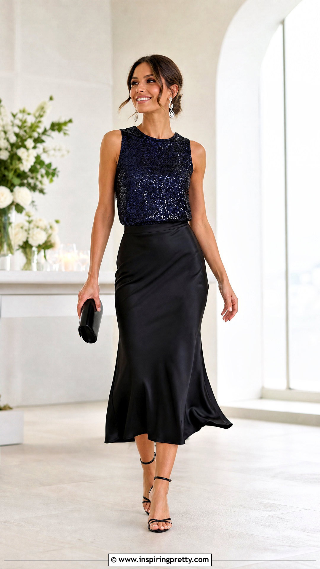 Blue Sequin Top With Satin Midi Skirt And Heels - what to wear with blue sequin top (20 ways)