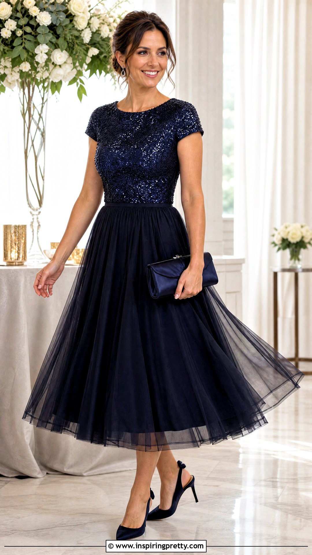 Blue Sequin Top With Tulle Midi Skirt And Pumps - what to wear with blue sequin top (20 ways)