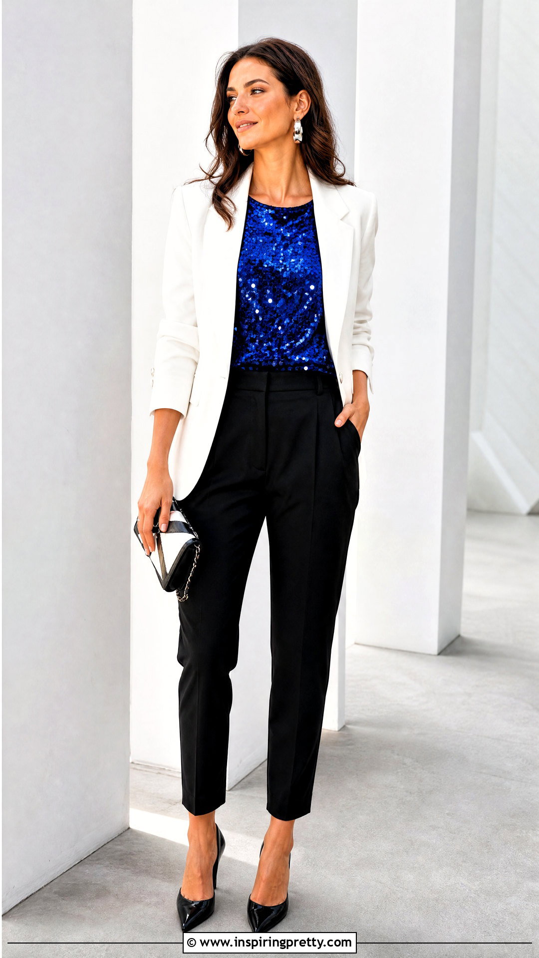 Blue Sequin Top With White Blazer And Black Pants - what to wear with blue sequin top (20 ways)