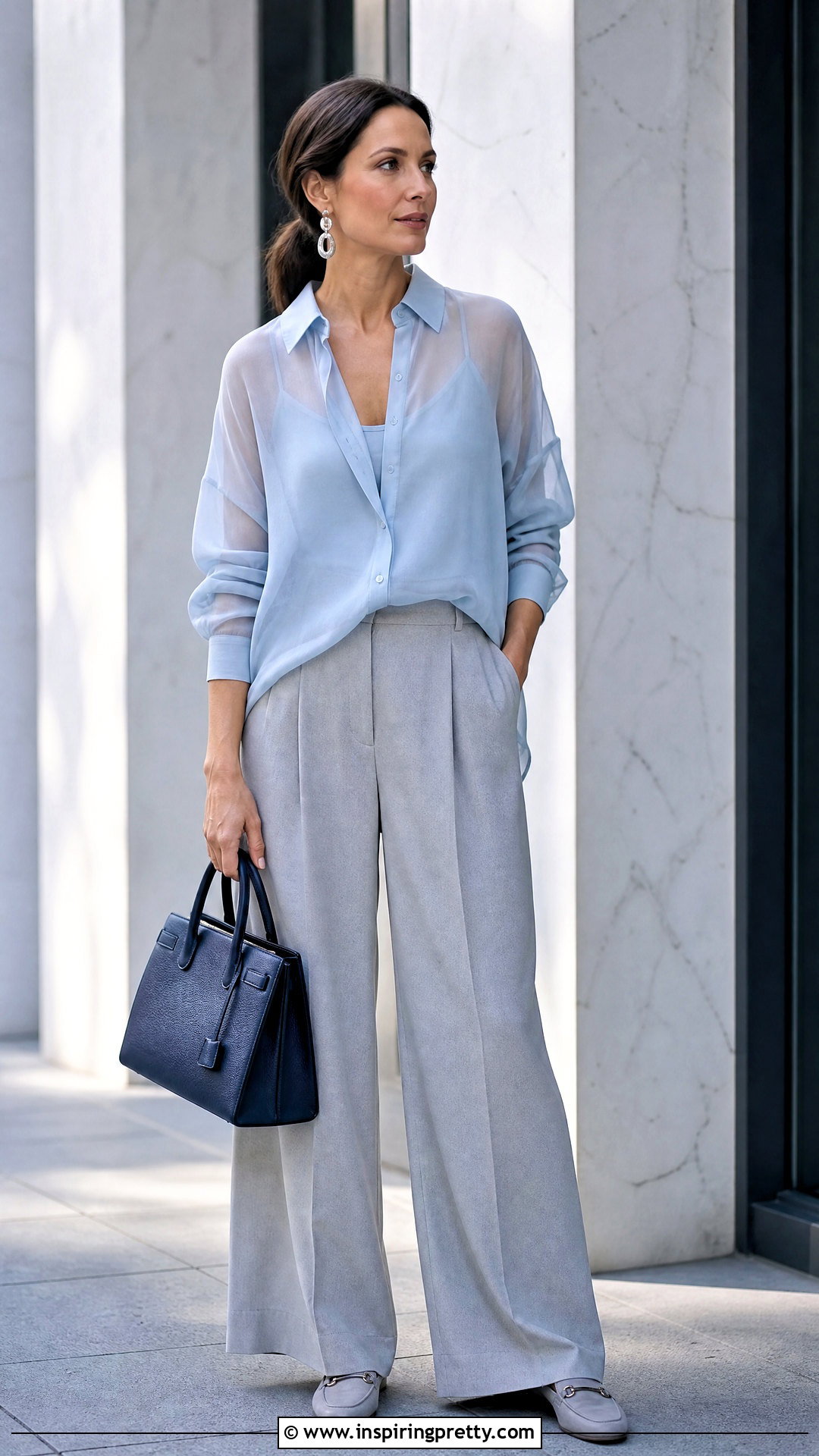 Blue Sheer Top With Gray Trousers - 50 sheer top outfit ideas