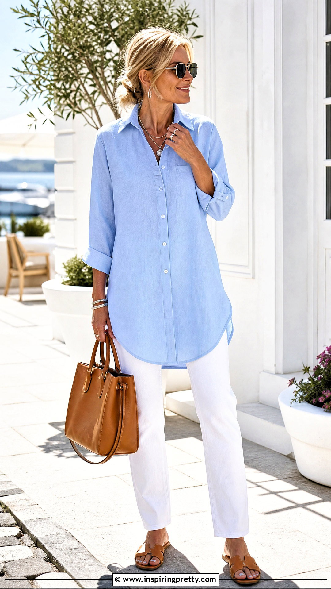 Blue Shirt Tunic Top With White Jeans - 20 Chic Tunic Tops outfit ideas