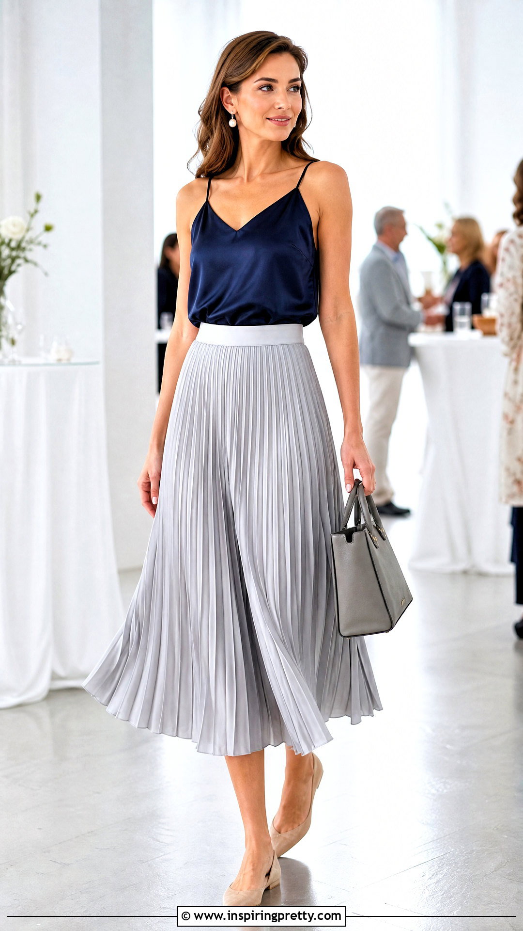 Blue Silk Tank Top With Pleated Midi Skirt - 25 Blue Silk Tank Top outfit ideas
