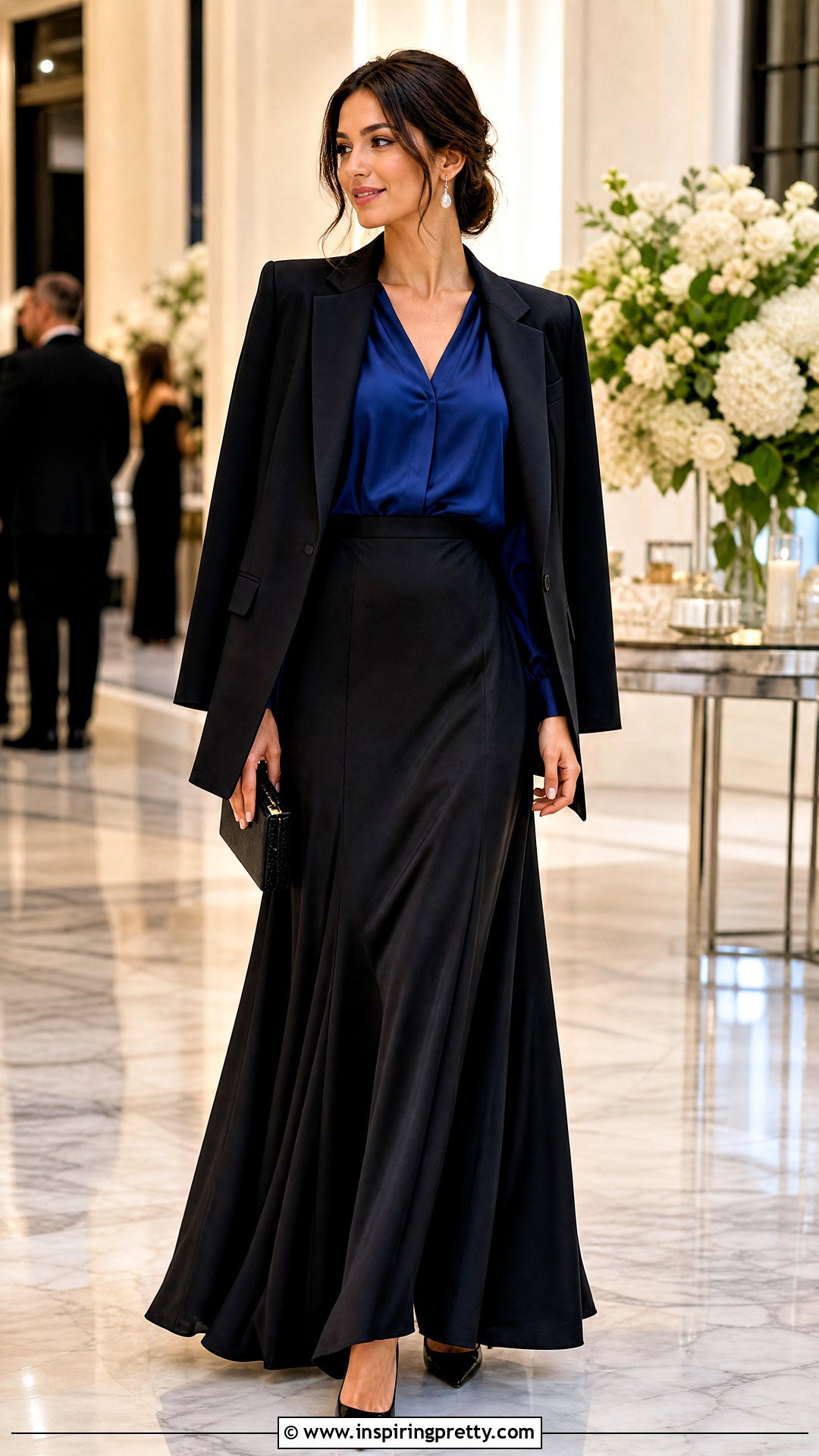 Blue Silk Top With Black Maxi Skirt And Blazer - 20 elegant blue silk top outfit ideas