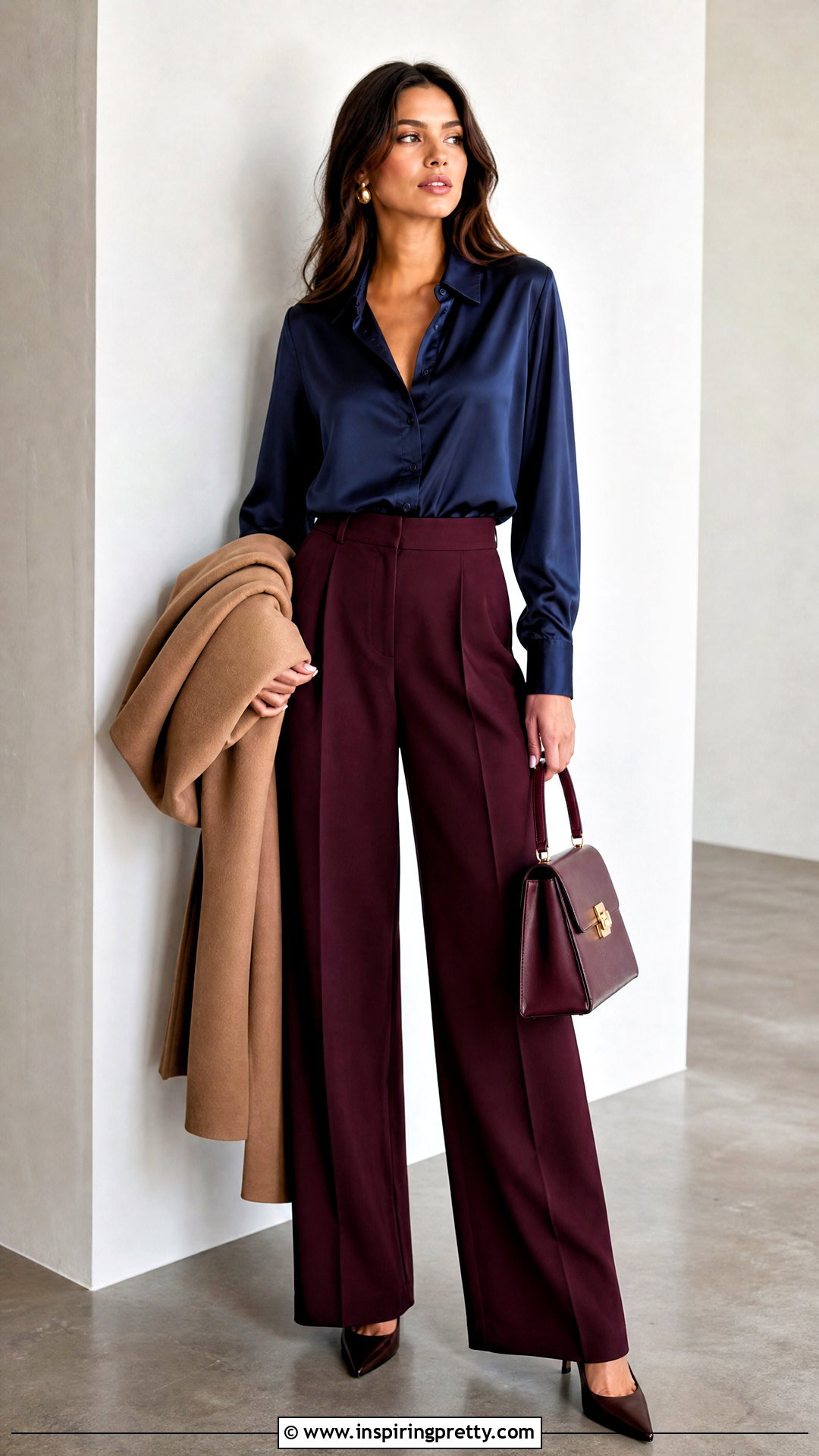 Blue Silk Top With Burgundy Trousers - 20 elegant blue silk top outfit ideas