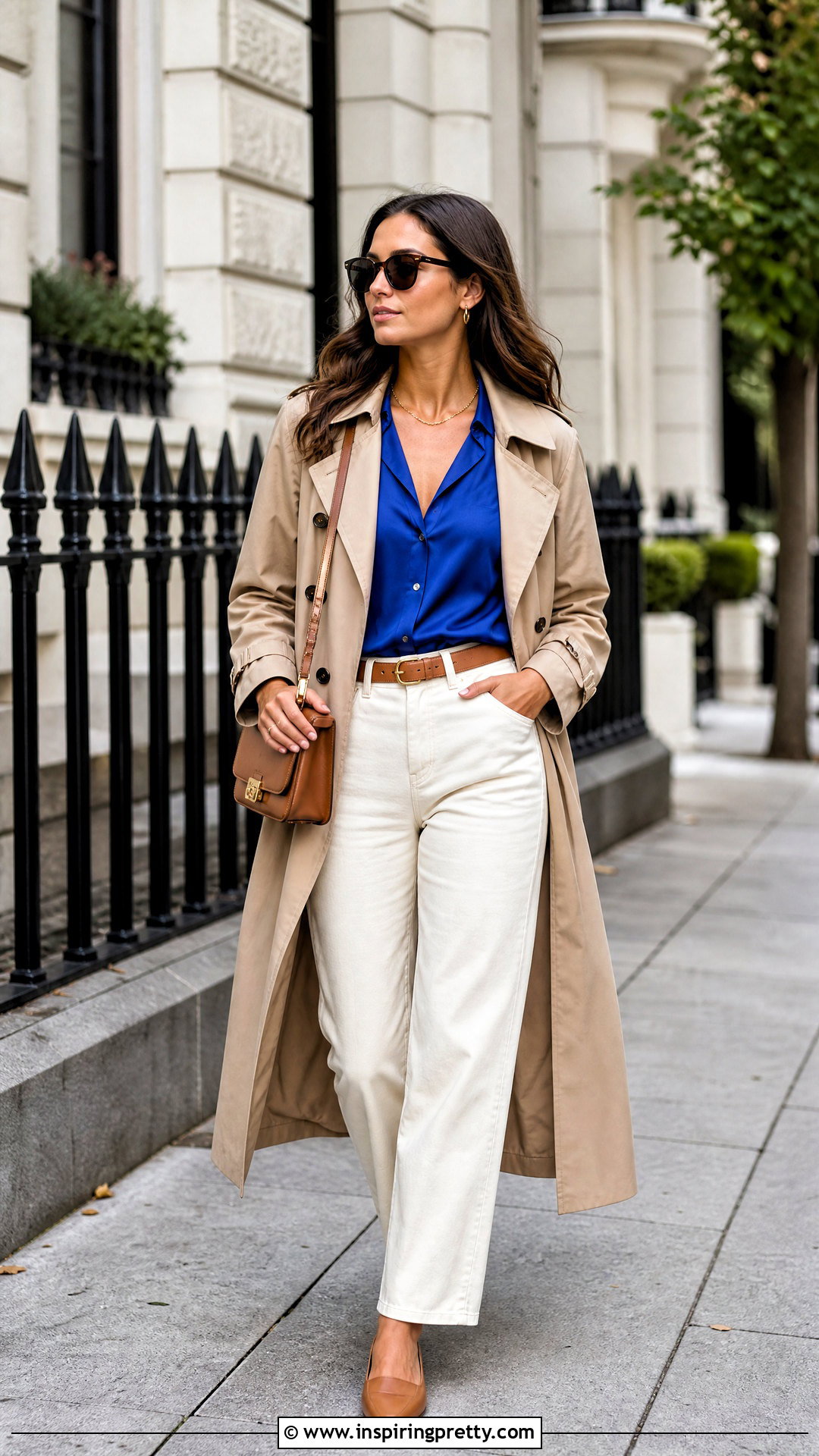 Blue Silk Top With Ecru Jeans And Trench Coat - 20 elegant blue silk top outfit ideas