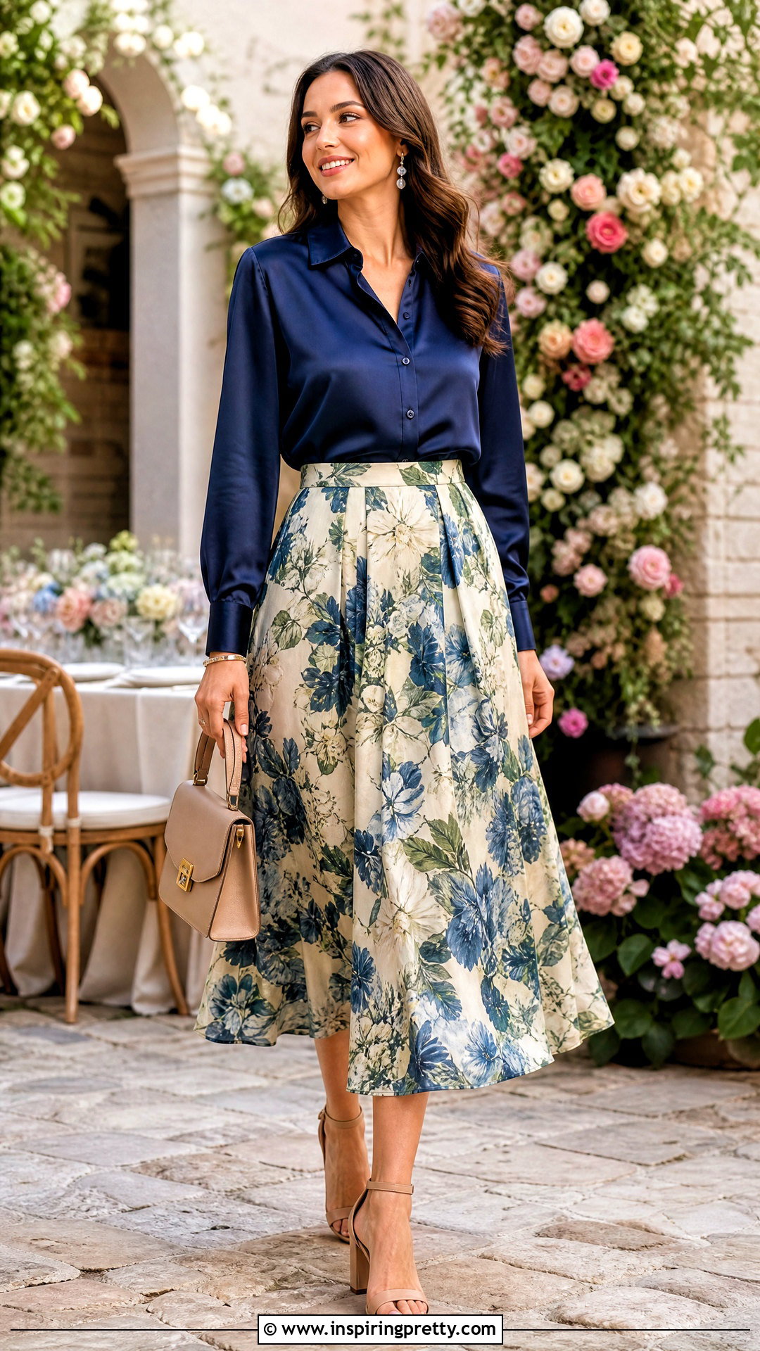 Blue Silk Top With Floral Midi Skirt - 20 elegant blue silk top outfit ideas