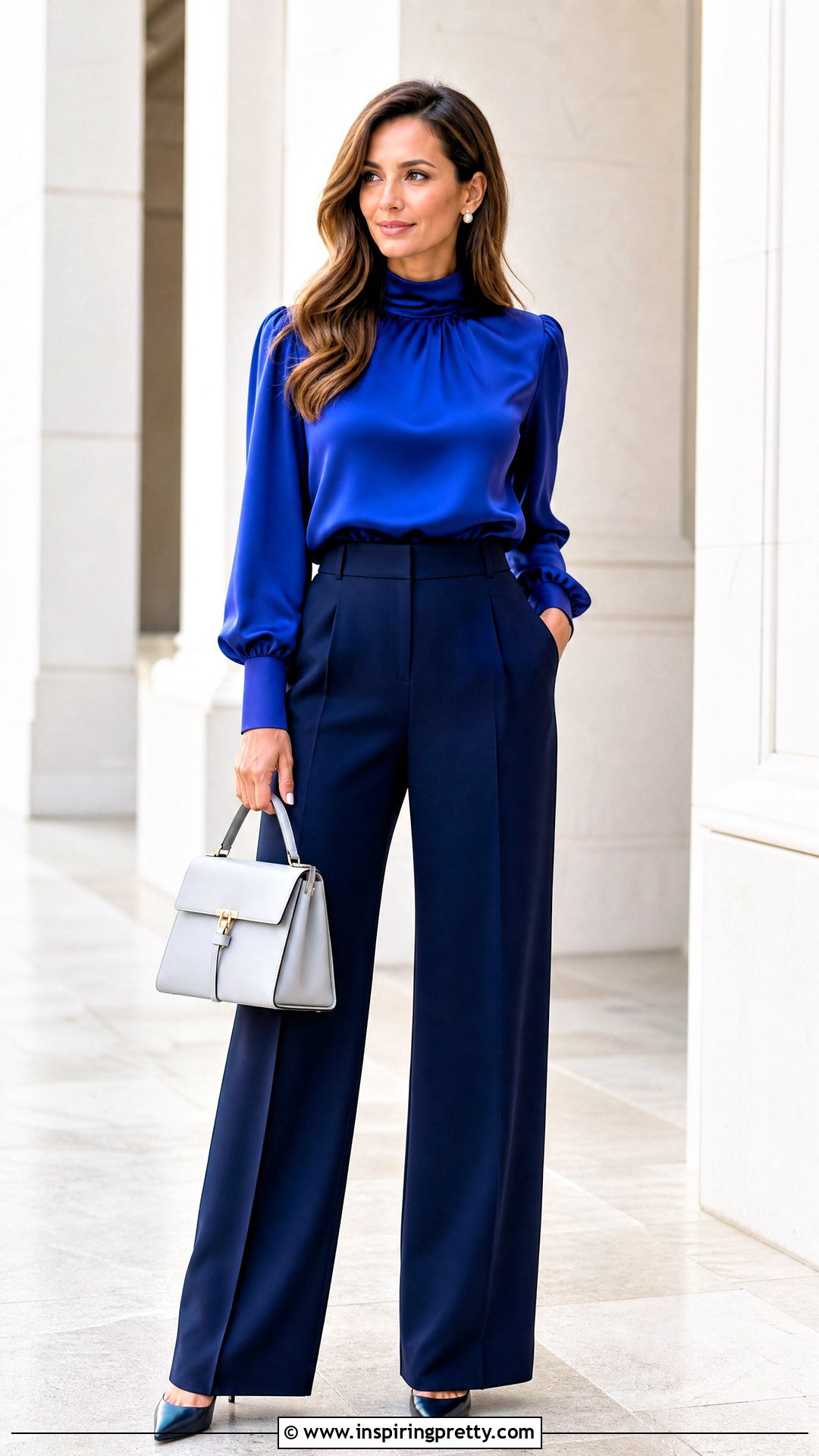 Blue Silk Top With Navy Wide Leg Trousers - 20 elegant blue silk top outfit ideas