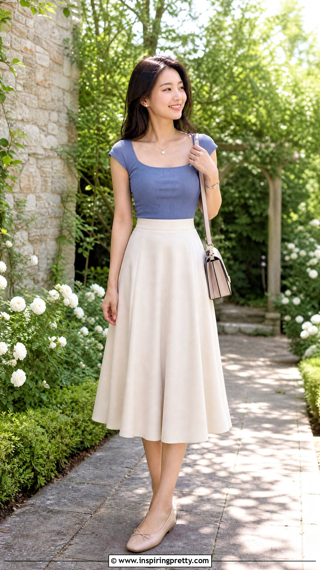 Blue Square Neck Top With an A Line Skirt - 50 blue top outfit ideas