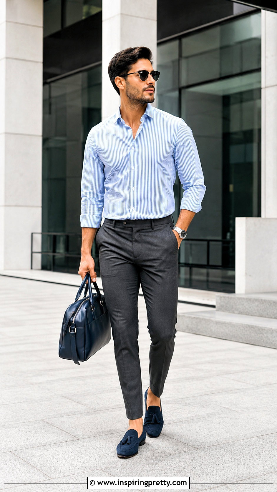 Blue Striped Shirt With Gray Trousers - 50 corporate tops blouses