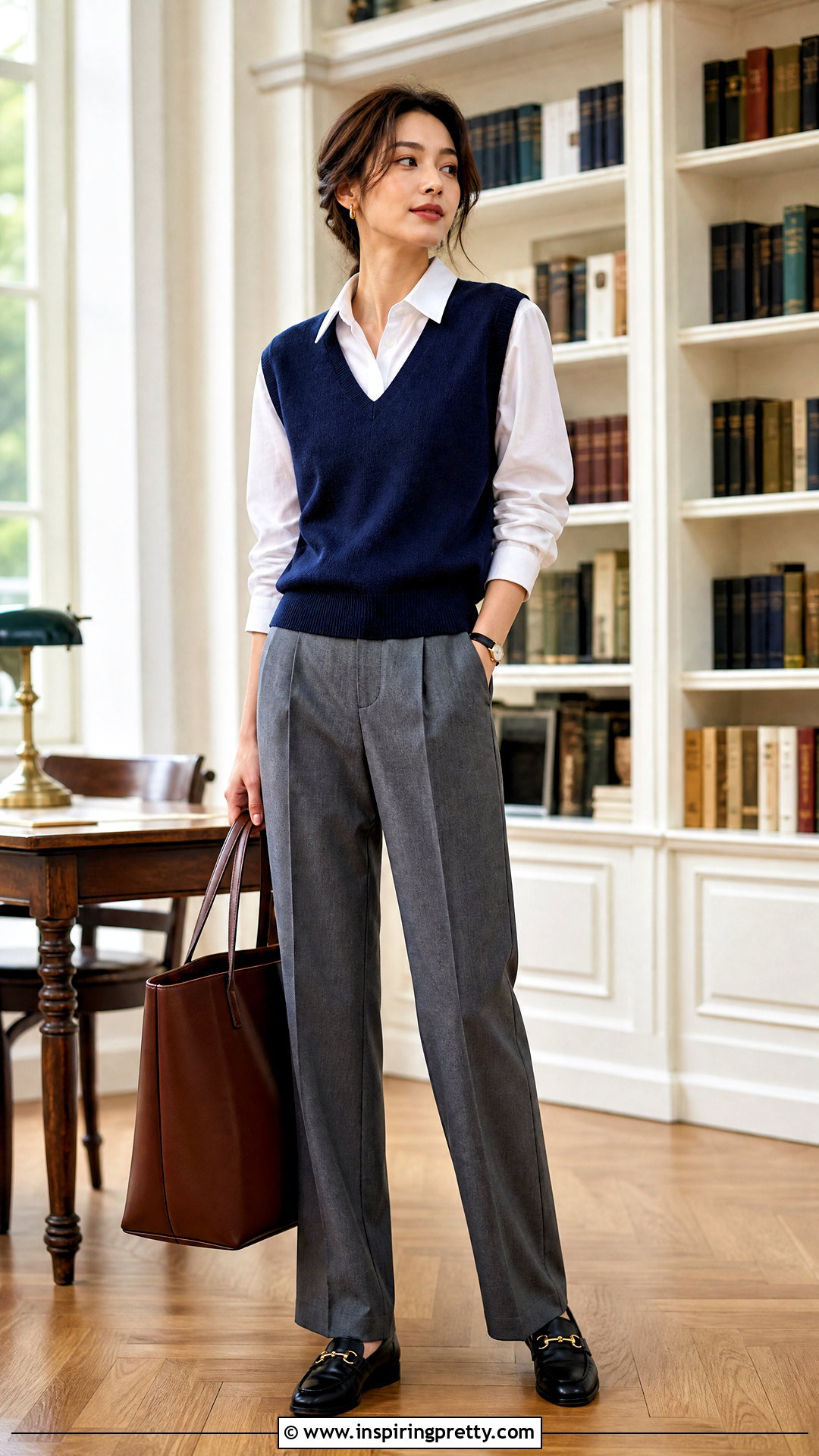 Blue Sweater Vest With a White Shirt and Trousers - 50 blue top outfit ideas