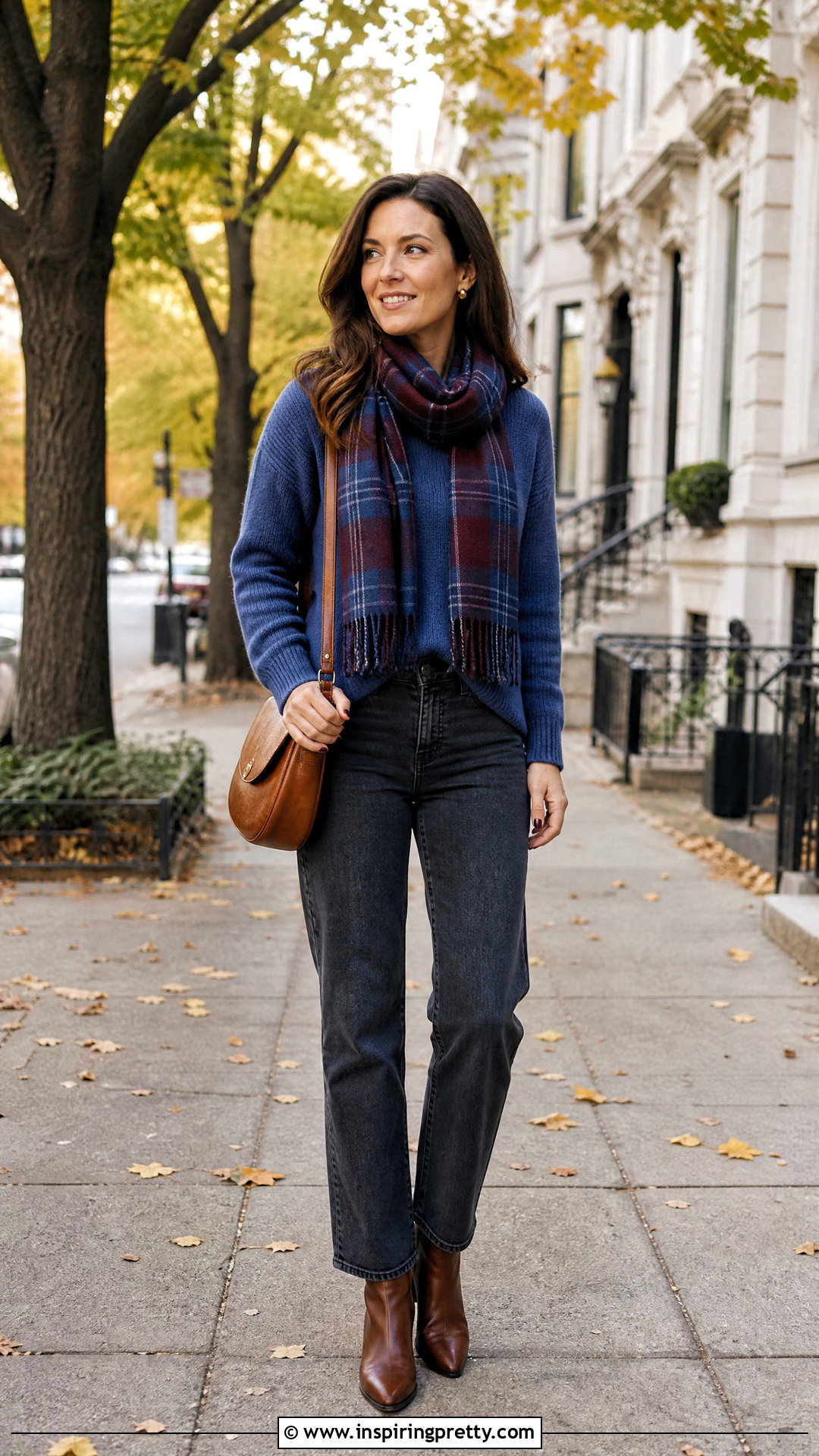 Blue Sweater With Plaid Scarf Outfit - 50 top with scarf outfit ideas