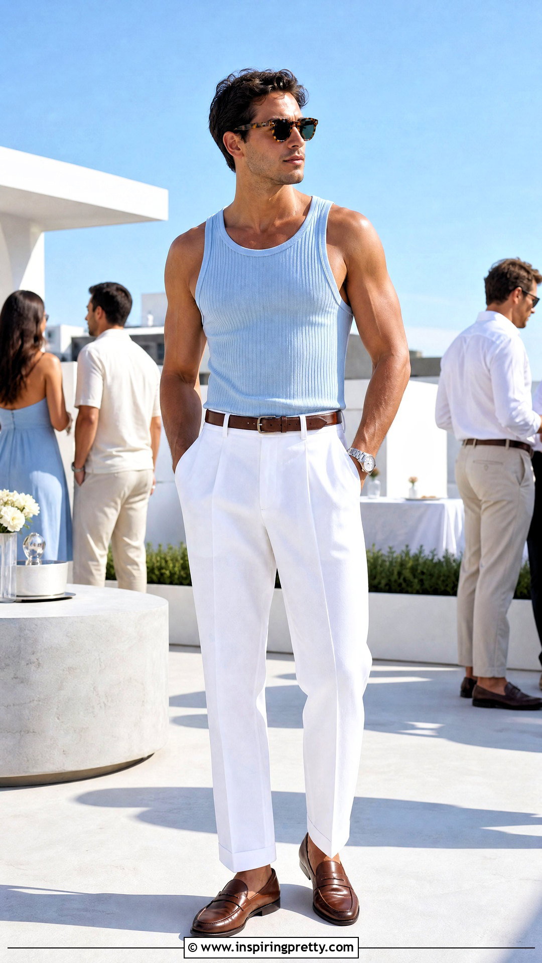 Blue Tank Top With White Dress Pants And Loafers - 25 Tank Top And Dress Pants Men