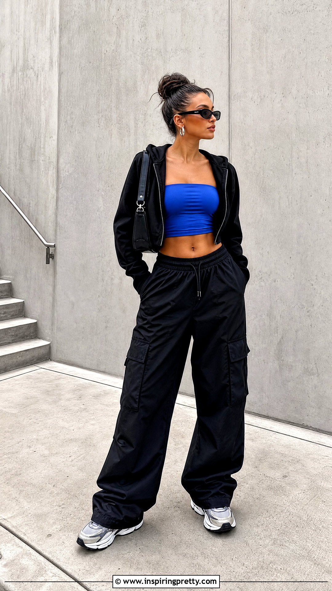 Blue Tube Top With Black Cargo Pants - 50 blue tube top outfit ideas