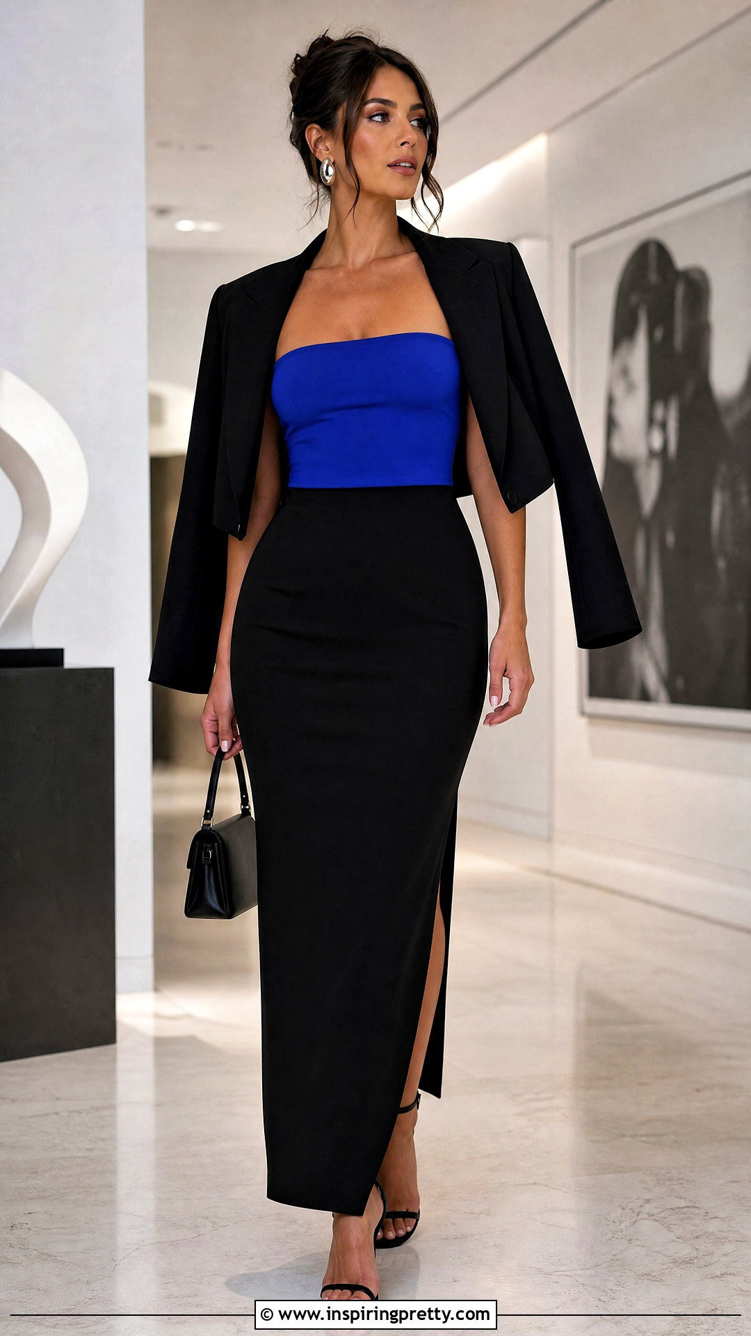 Blue Tube Top With Black Column Skirt - 50 blue tube top outfit ideas