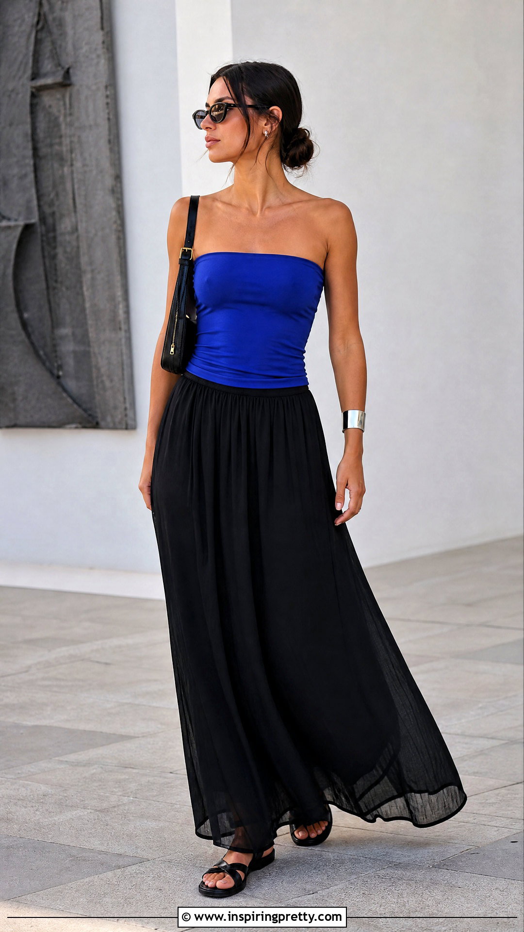 Blue Tube Top With Black Maxi Skirt - 50 blue tube top outfit ideas