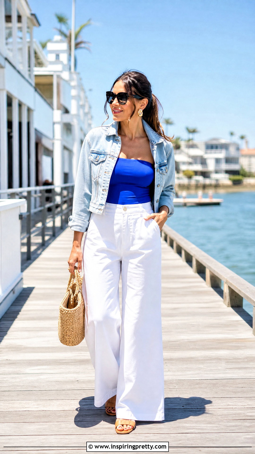 Blue Tube Top With Denim Jacket And White Pants - 50 blue tube top outfit ideas