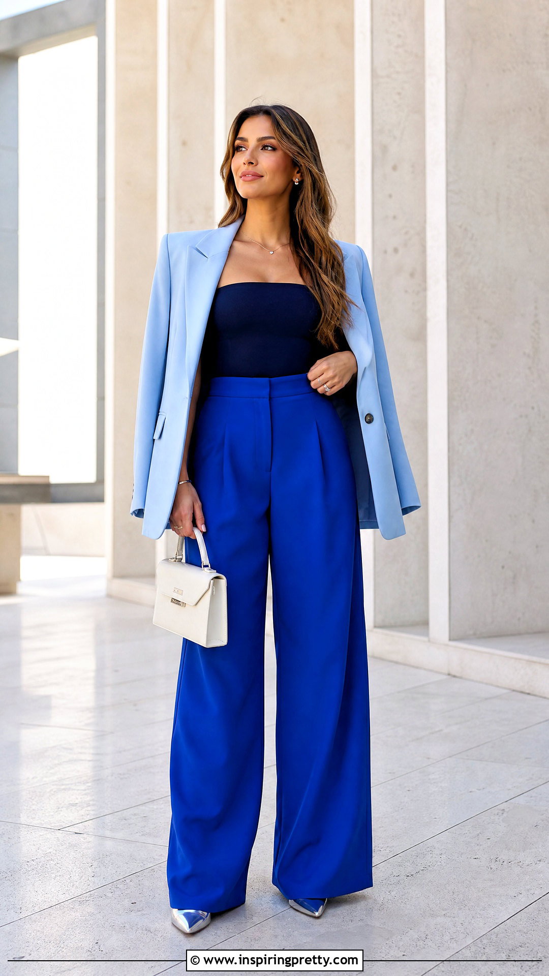 Blue Tube Top With Monochrome Blue Pants - 50 blue tube top outfit ideas