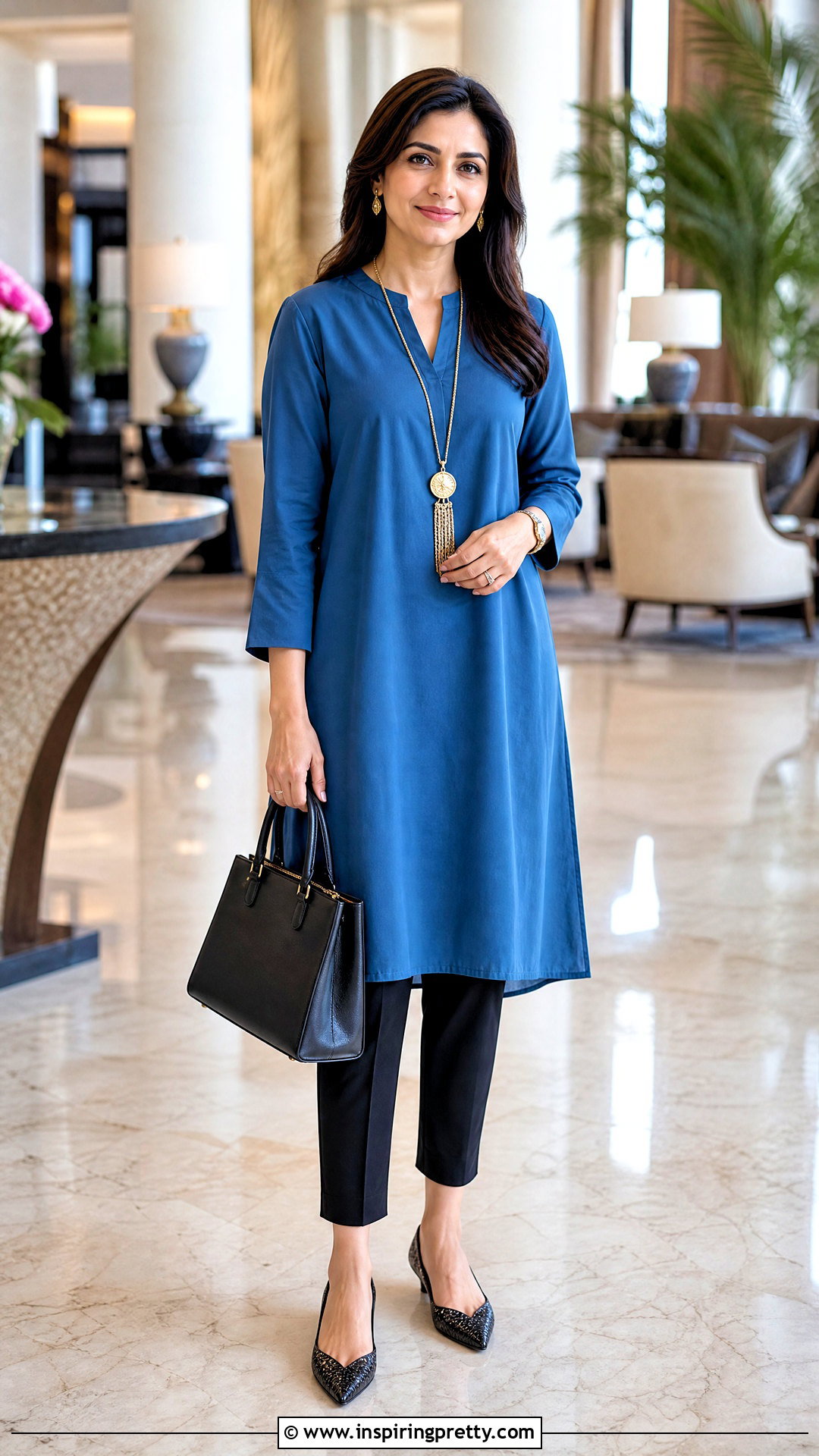Blue Tunic Top With Slim Black Pants - 50 blue top outfit ideas