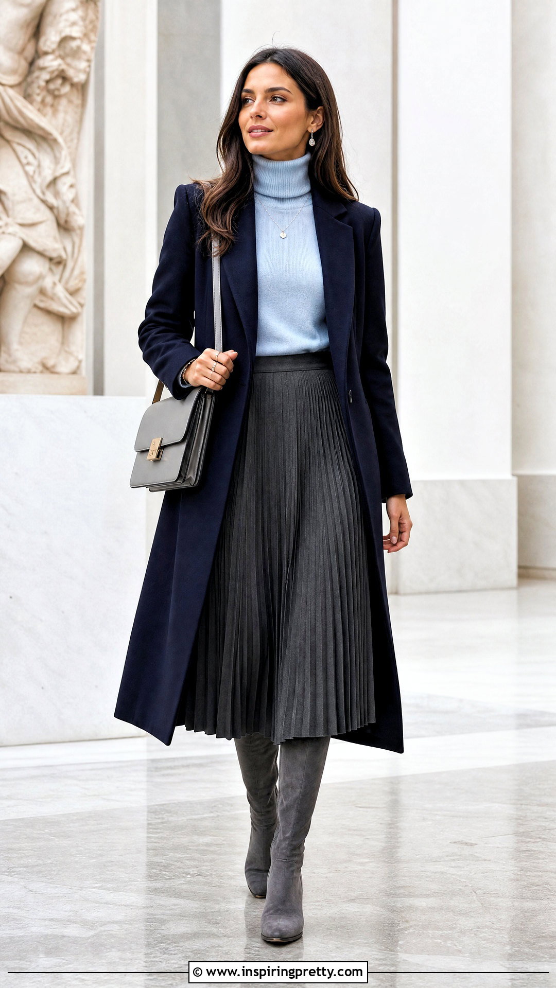 Blue Turtleneck Top With Gray Midi Skirt - 50 Turtle Neck Top outfit ideas