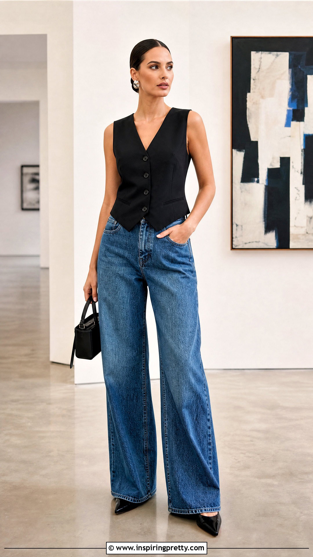 Blue Wide Leg Jeans And Black Vest Top Outfit - 50 blue jeans and black top outfit ideas