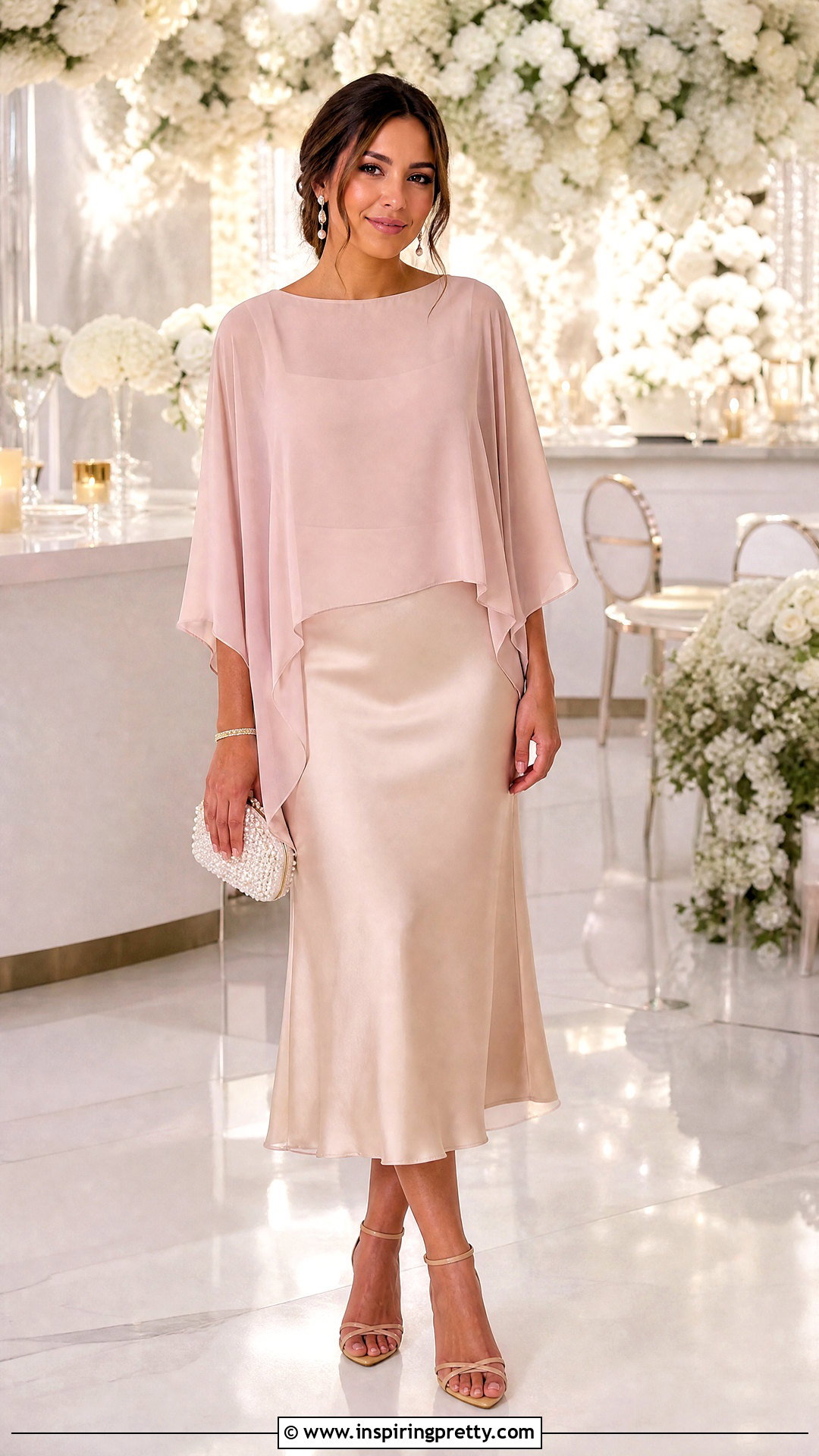 Blush Chiffon Poncho Top With Satin Midi Skirt - 25 Chiffon Poncho Tops outfit ideas