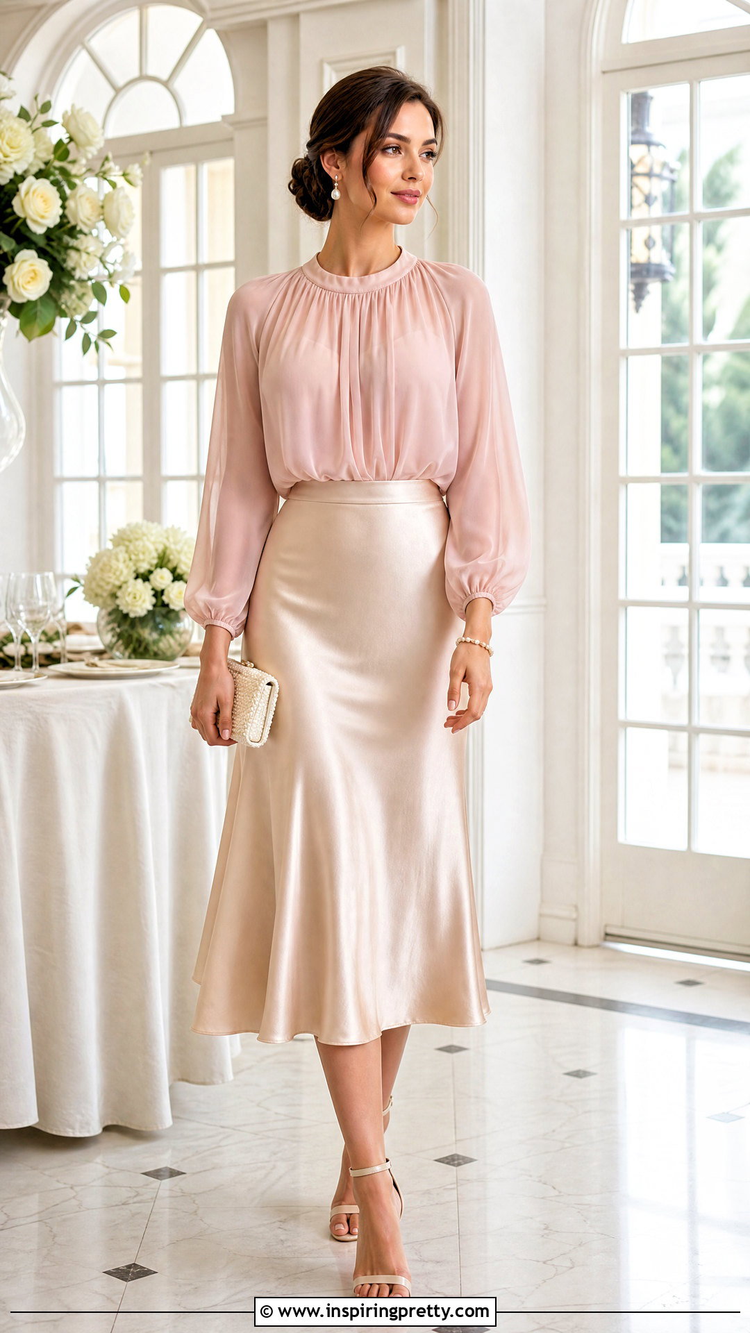 Blush Chiffon Top With Satin Midi Skirt - 50 chiffon tops outfit ideas