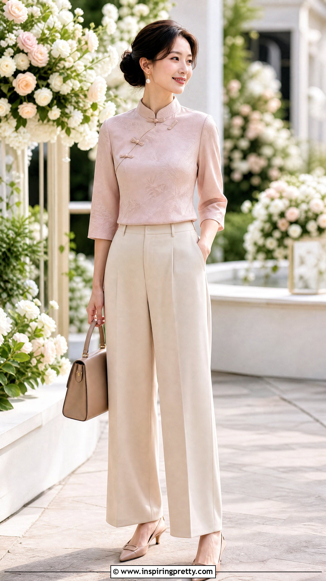 Blush Chinese Top With Beige Trousers - 50 chinese top outfit ideas