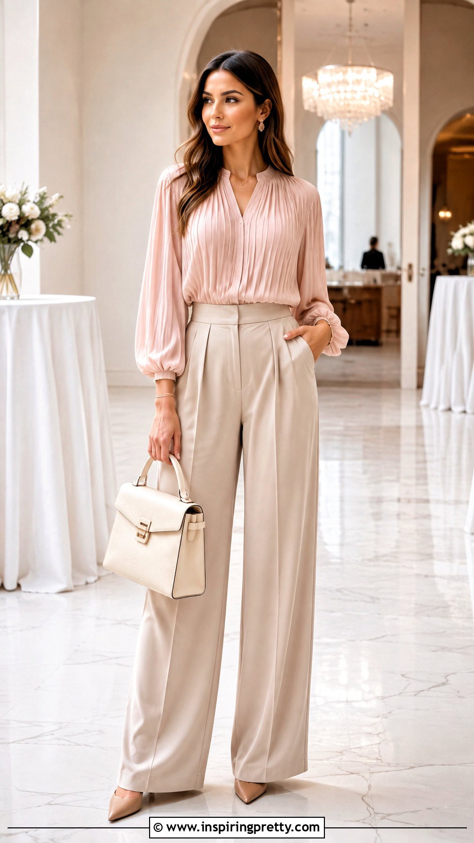 Blush Georgette Top With Beige Wide Leg Pants - 50 georgette tops western outfits