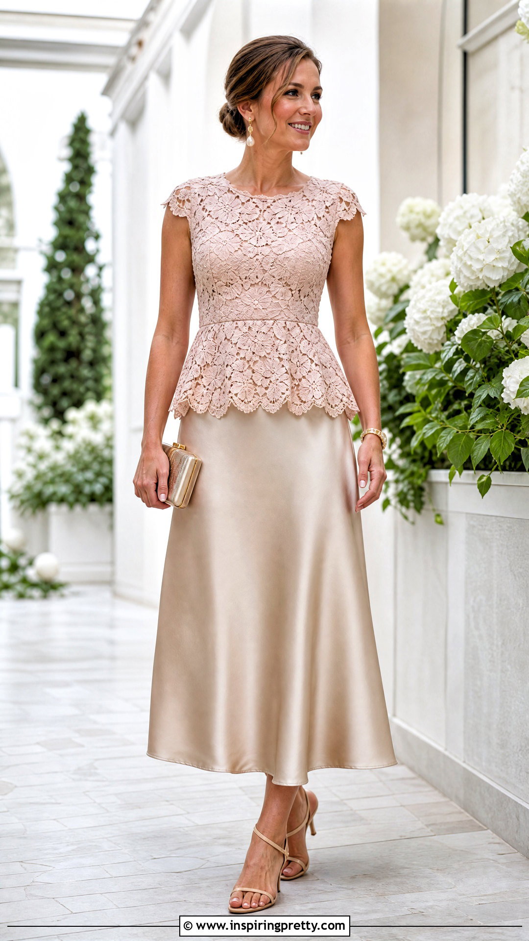 Blush Lace Peplum Top With Satin Midi Skirt - 20 Lace Peplum Top Summer outfit ideas