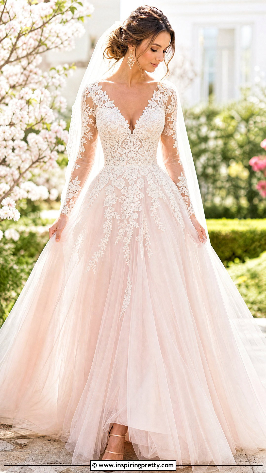 Blush Lace Top Tulle Wedding Dress - 25 lace top flowy bottom wedding dress outfit ideas