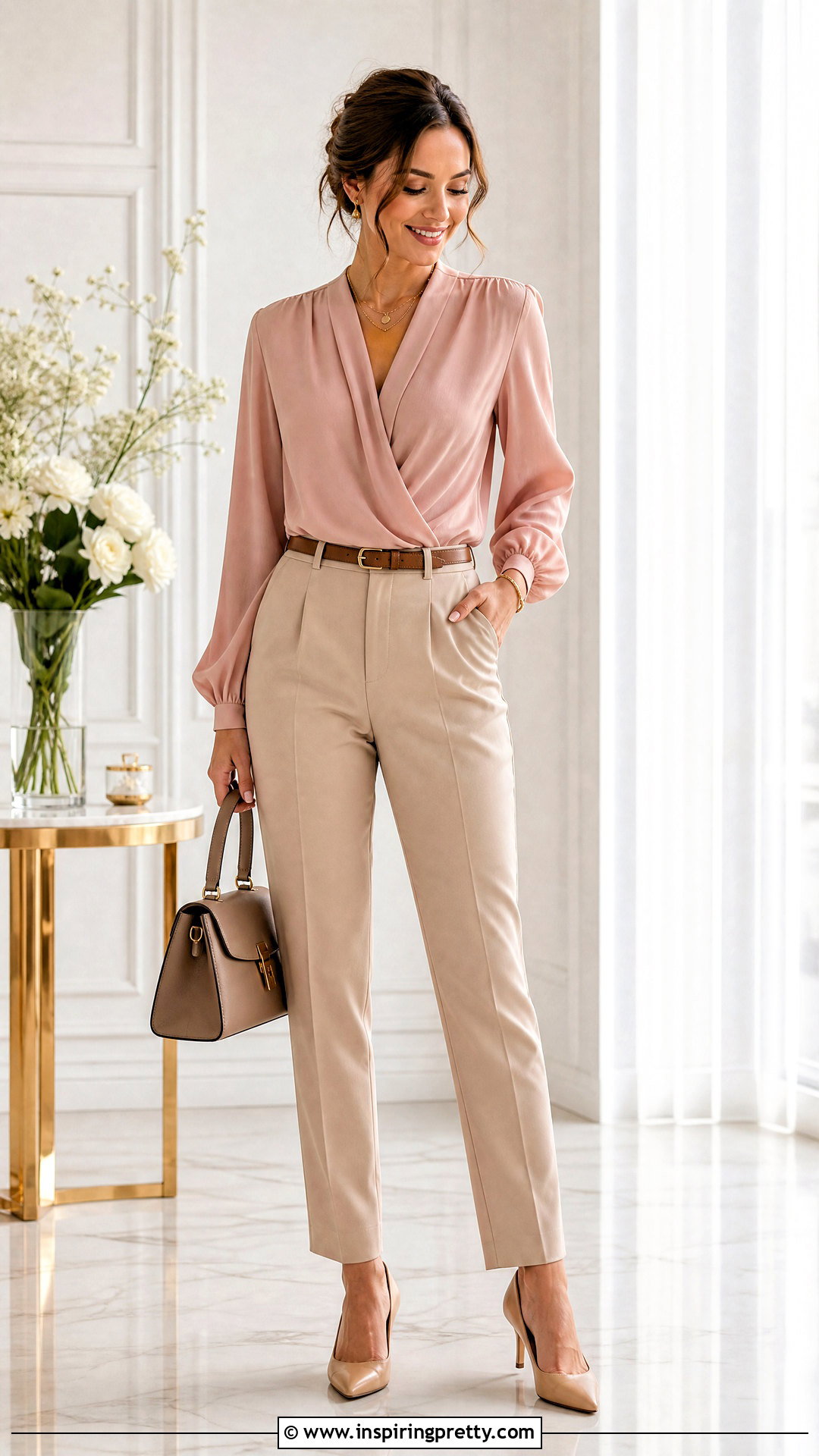 Blush Pink Blouse With Beige Pants - what top goes with beige pants (20 ways)