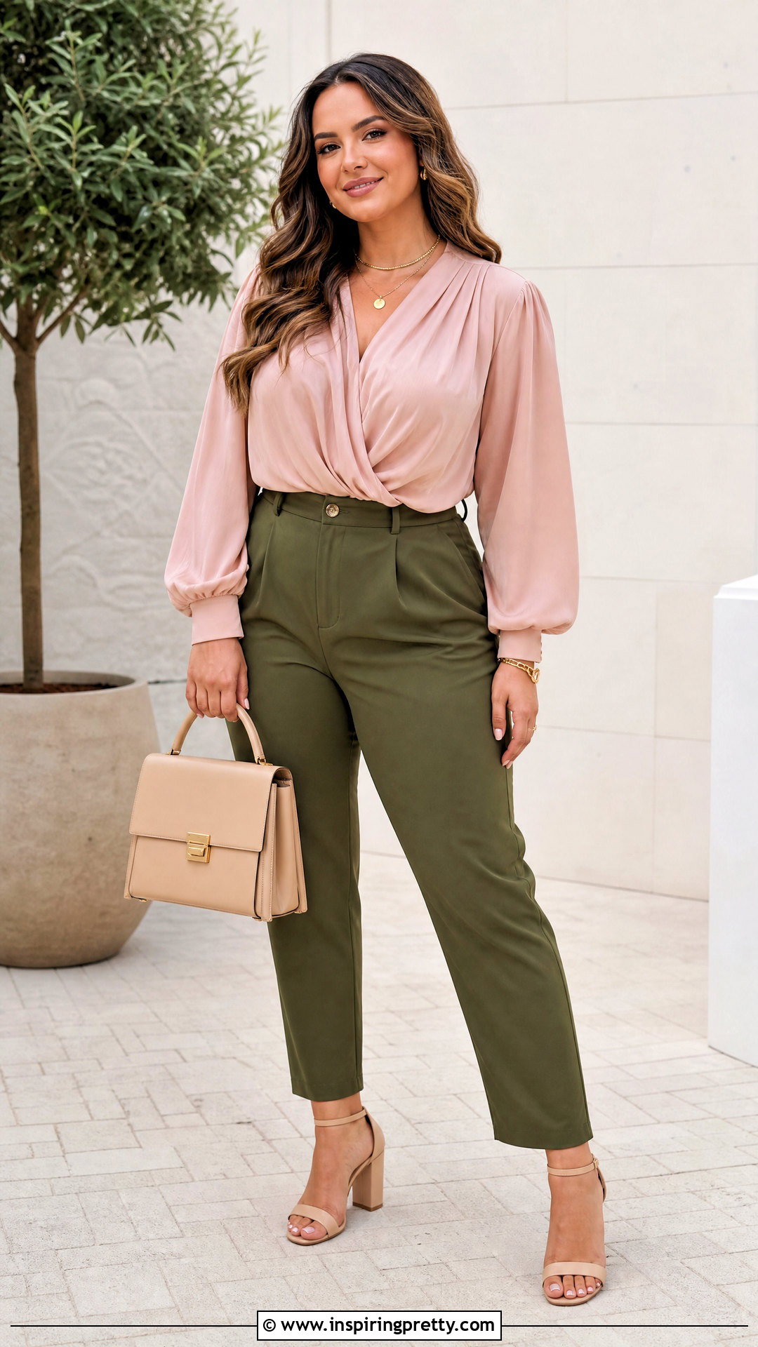 Blush Pink Blouse With Green Pants - What Top Goes With Green Pants (20 Ways)