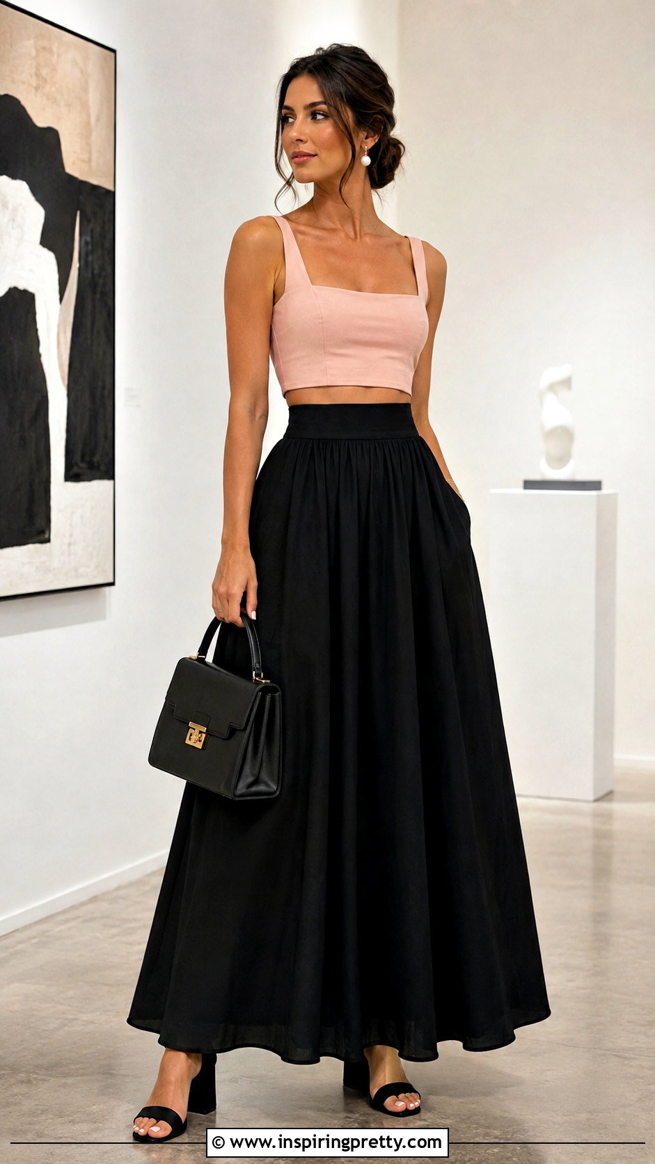 Blush Pink Crop Top With Black Maxi Skirt - 25 blush pink crop top outfit ideas