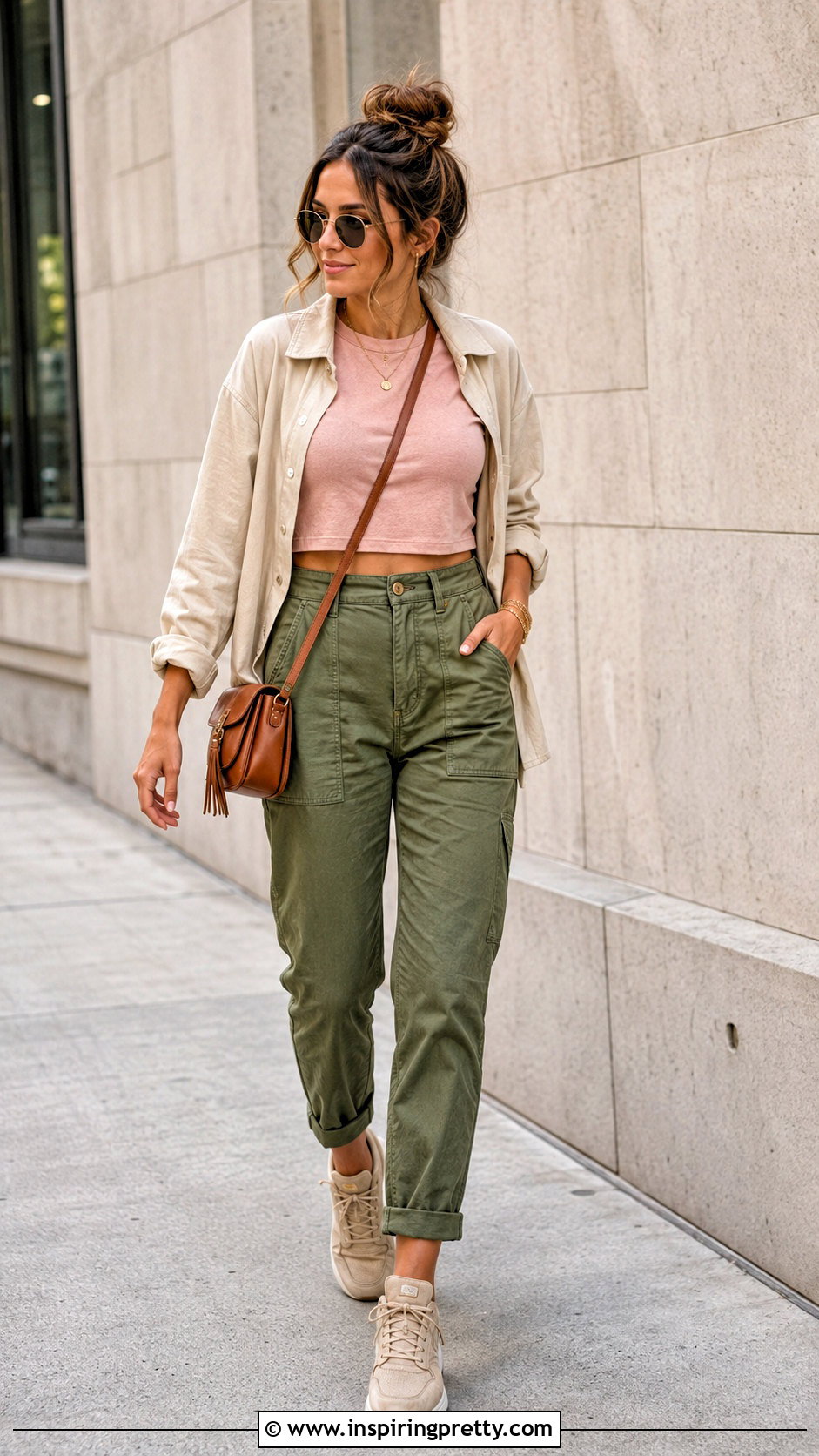 Blush Pink Crop Top With Olive Green Pants - 25 blush pink crop top outfit ideas