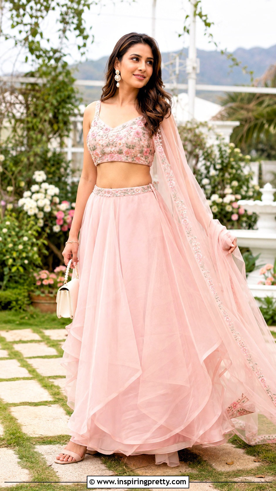Blush Pink Organza Lehenga Crop Top Outfit - 50 party wear lehenga crop tops outfit ideas
