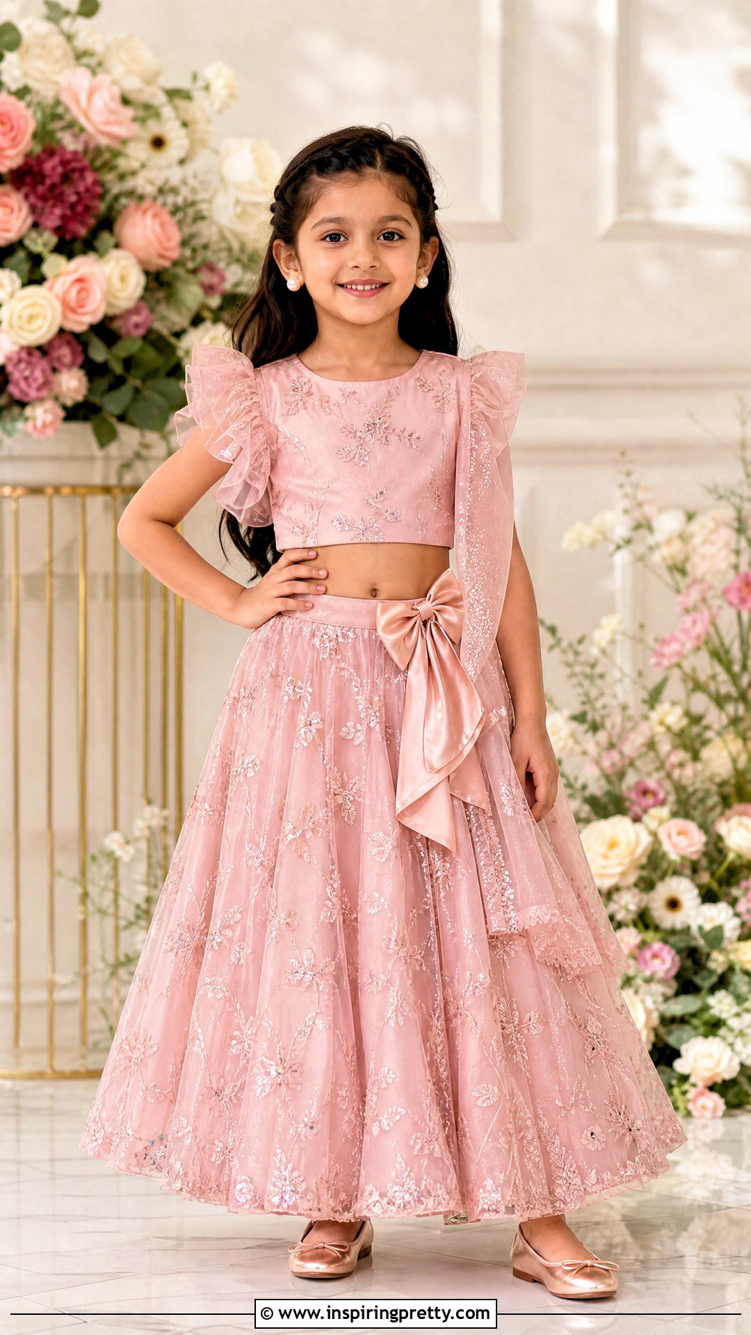 Blush Pink Ruffle Sleeve Kids Crop Top Lehenga - 50 kids crop top lehenga designs