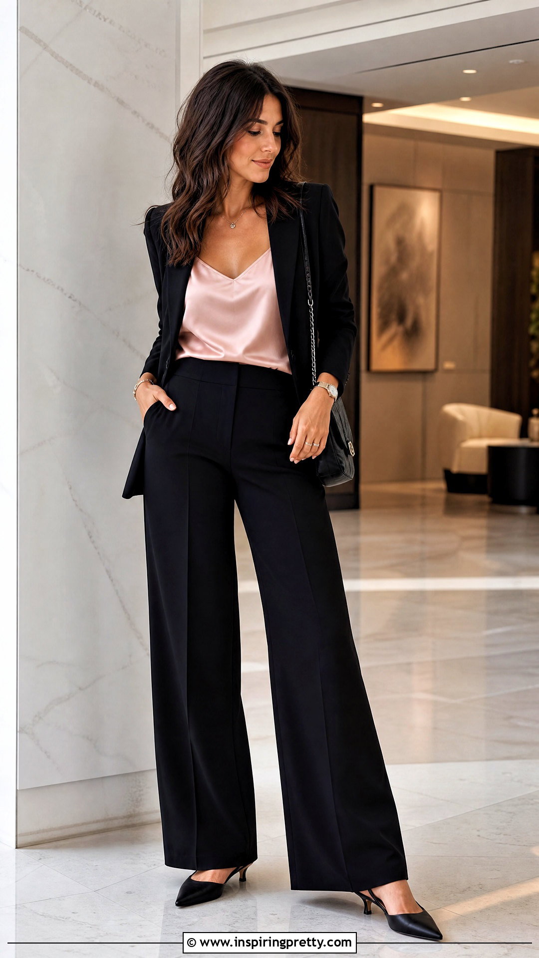 Blush Pink Satin Cami With Black Trousers - 50 cute pink tops outfit ideas