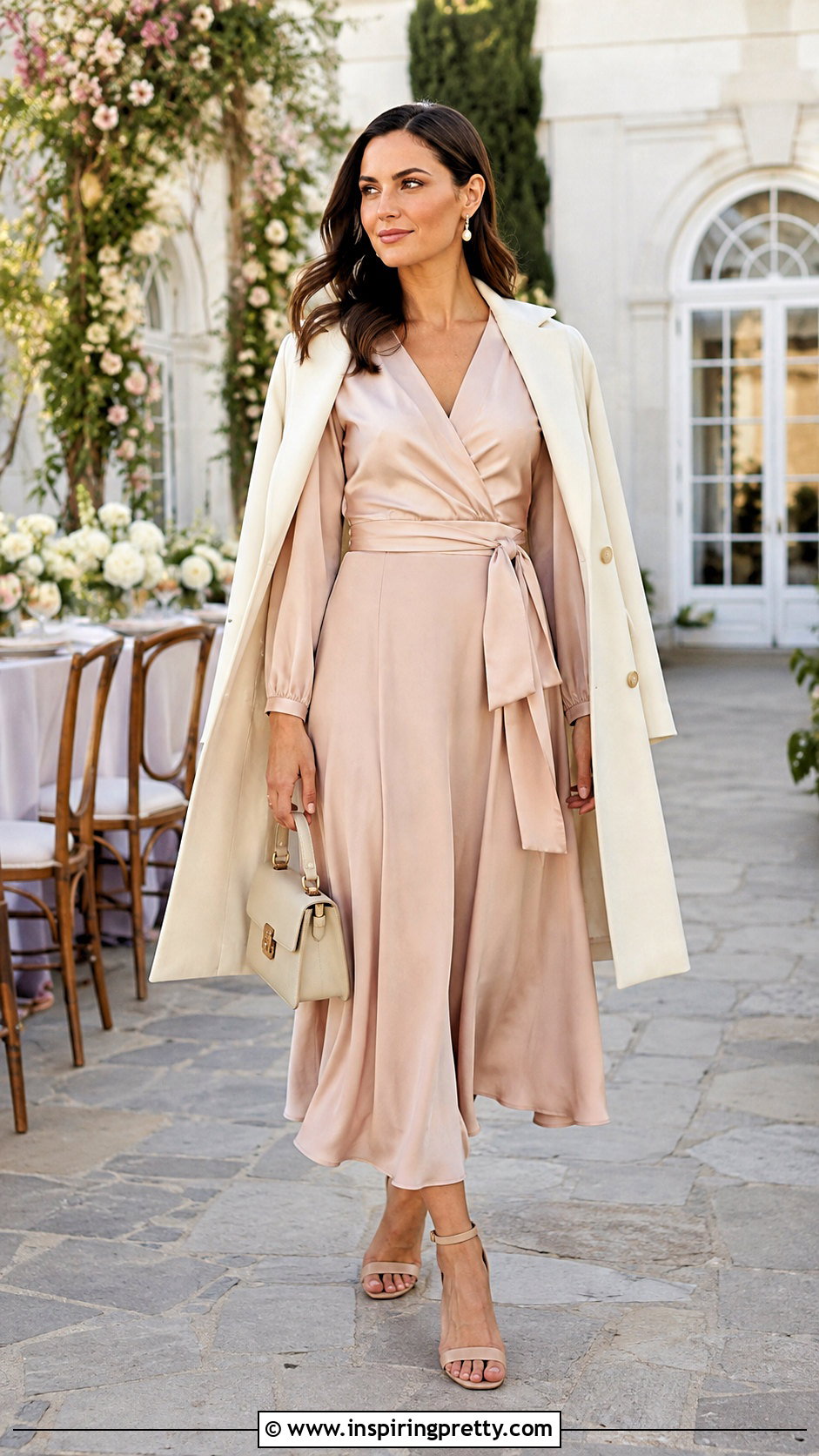 Blush Silk Wrap Top And Midi Skirt Set - 25 silk top and bottom set outfit ideas