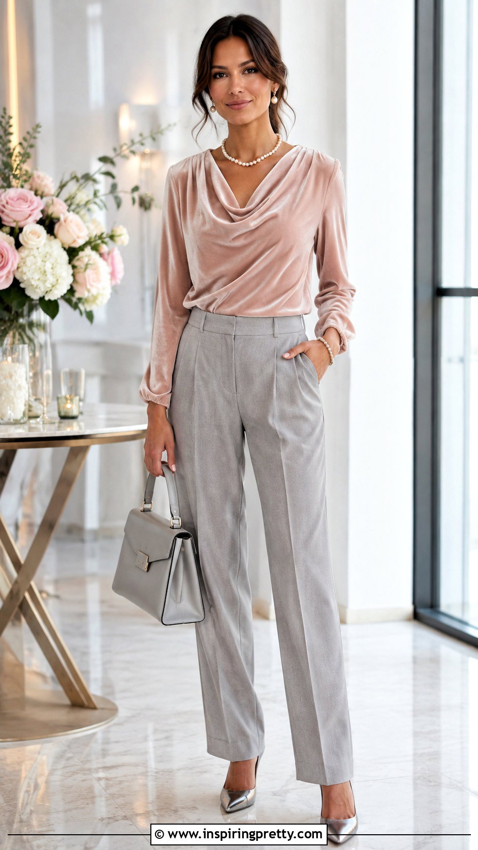 Blush Velvet Top With Gray Trousers - 50 velvet tops for women