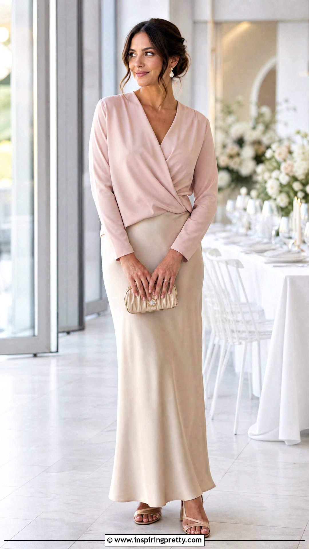 Blush Wrap Around Top With Satin Maxi Skirt - 50 wrap around top outfit ideas
