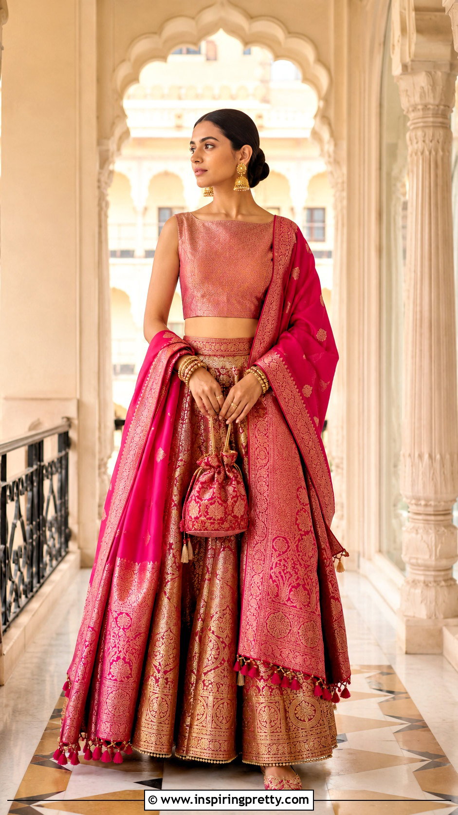 Boat Neck Crop Top Blouse With Banarasi Lehenga - 20 Crop Top Blouse Designs For Lehanga Outfit Ideas