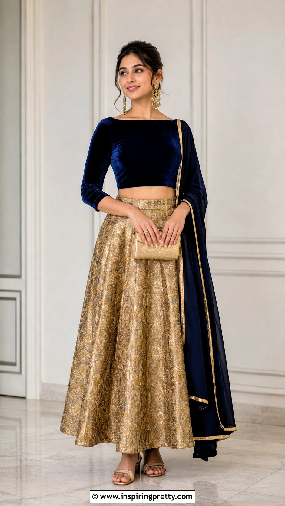 Boat Neck Crop Top With Brocade Skirt - 50 traditional crop top designs