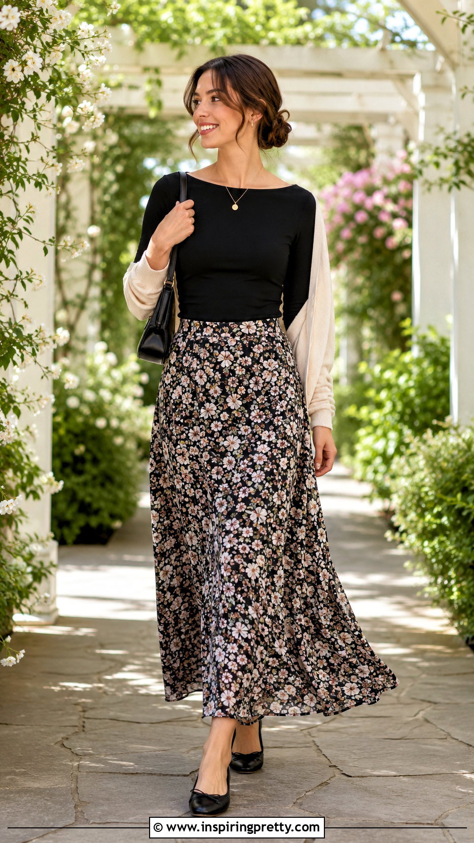 Boat Neck Long Sleeve Top With Maxi Skirt - 20 comfy long sleeve tops outfit ideas