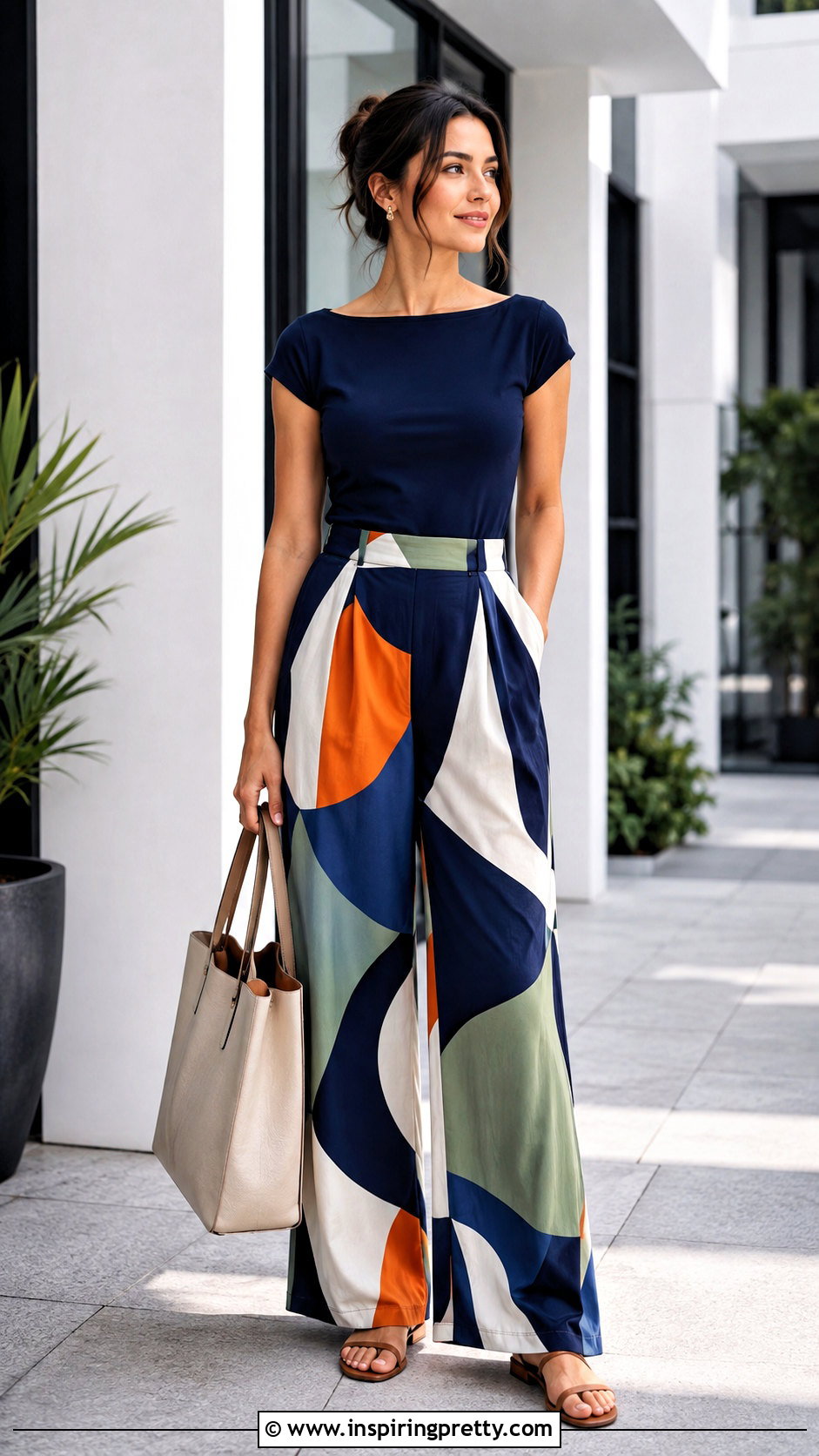 Boat Neck Top And Printed Pants Outfit - 50 trendy summer tops outfit ideas