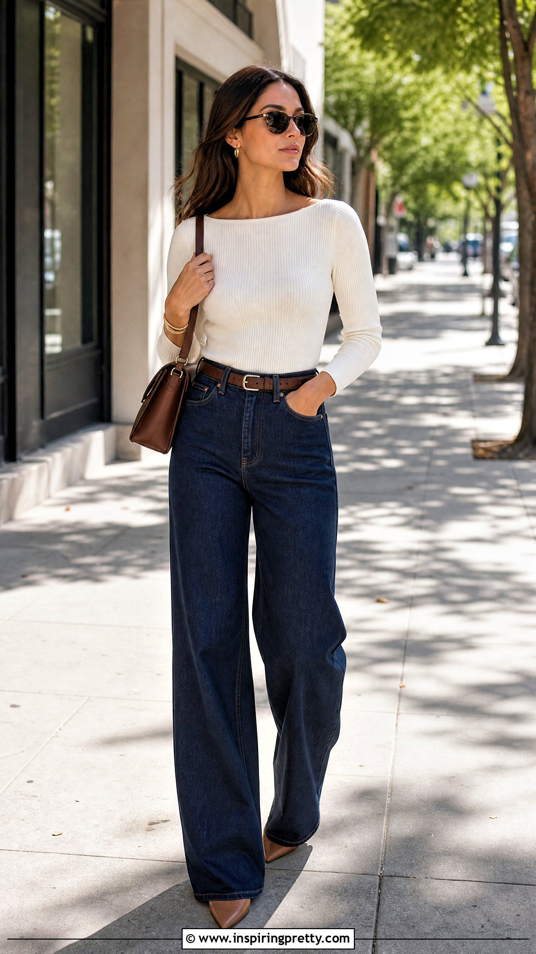 Boat Neck Top With Wide Leg Jeans - 50 boat neck tops outfit ideas